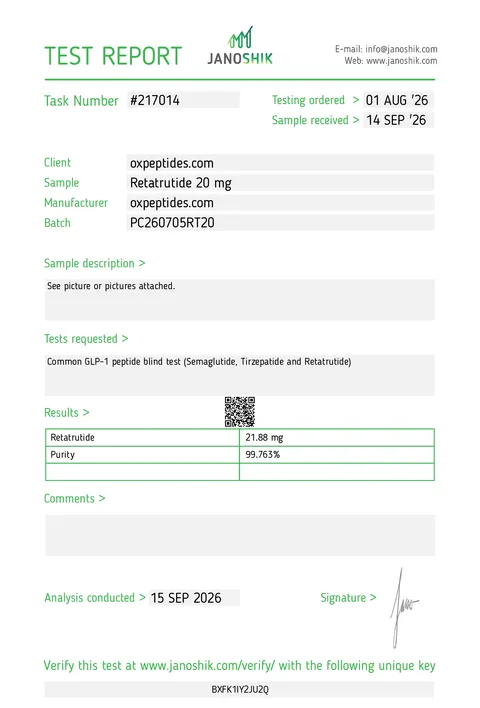 Janoshik test report #217014, OXpeptides Retatrutide 20 mg: 21.88 mg measured, purity 99.763%