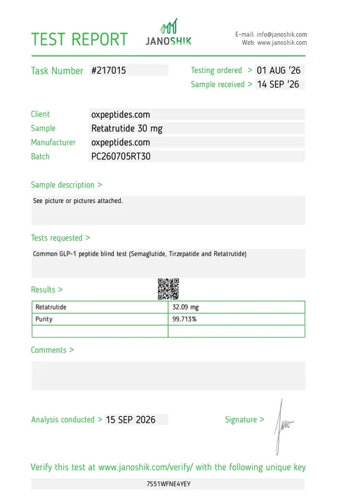 Janoshik test report #217015, OXpeptides Retatrutide 30 mg: 32.09 mg measured, purity 99.713%