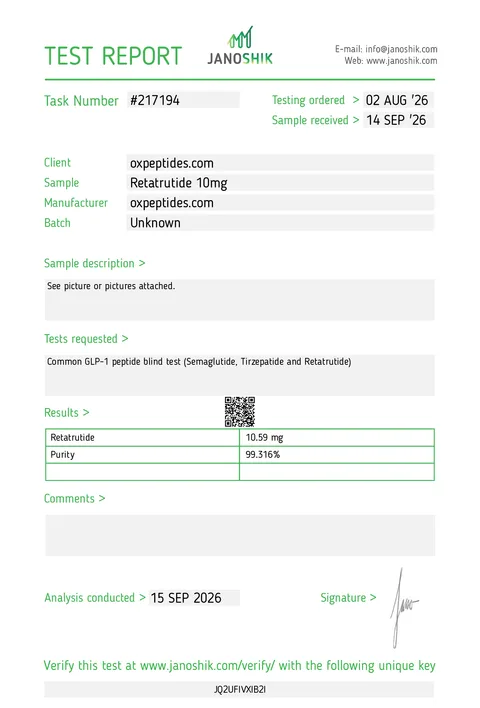 Janoshik test report #217194, OXpeptides Retatrutide 10 mg: 10.59 mg measured, purity 99.316%