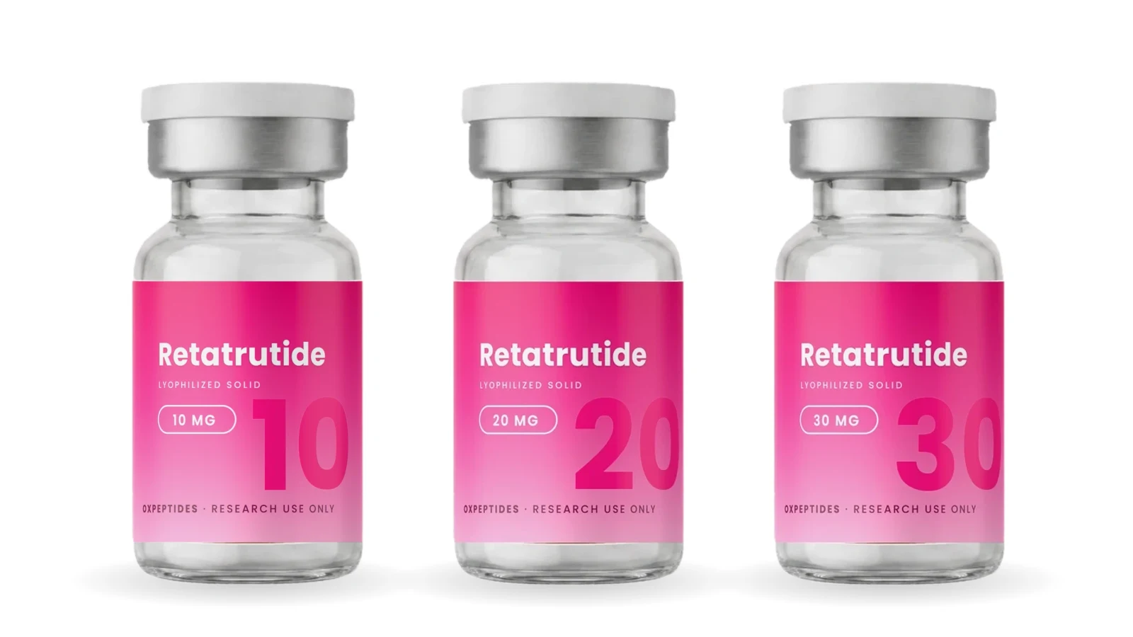 Three sealed retatrutide vials from OXpeptides, 10, 20 and 30 mg, research use only, on a white background.