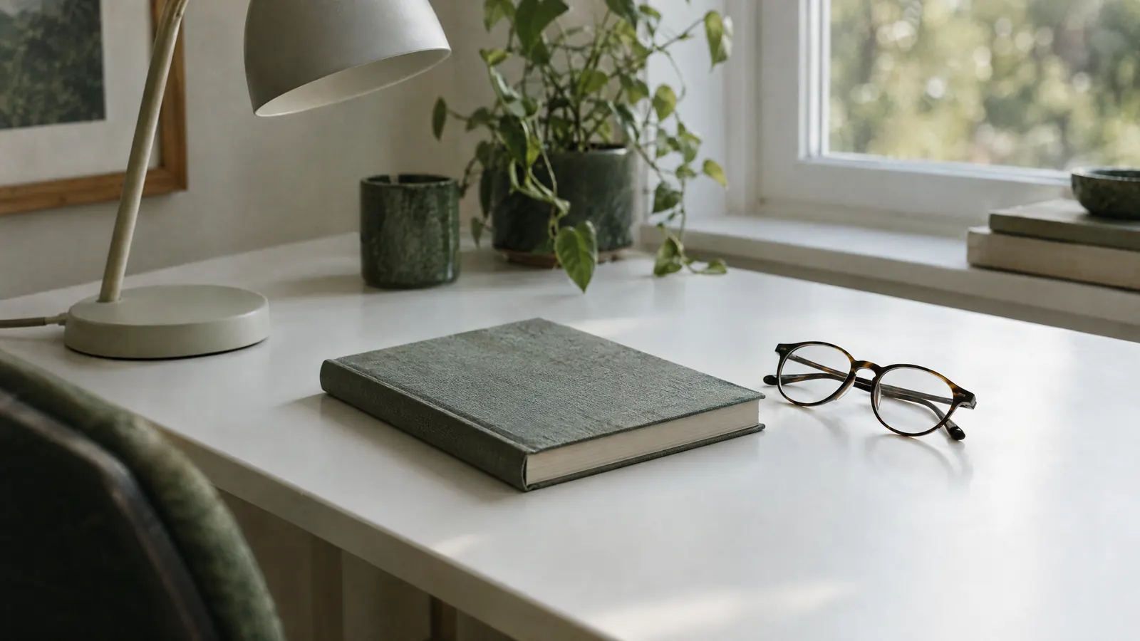 A tidy white desk with a reading lamp, a closed linen notebook and a pair of reading glasses in calm daylight.