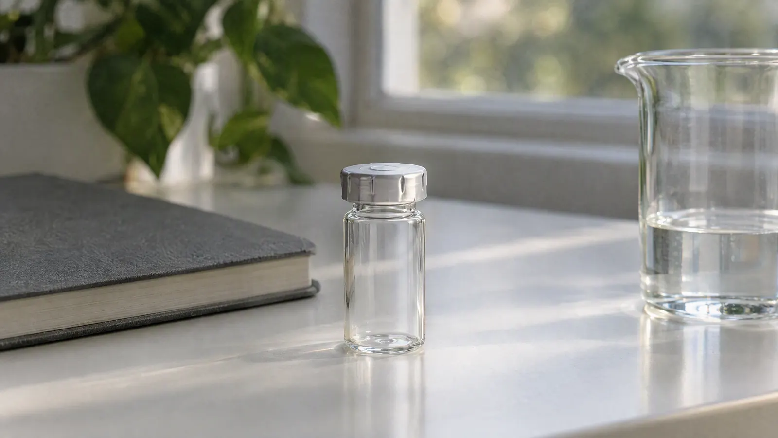 A small clear borosilicate specimen jar with a crimped cap on a white laboratory bench beside a grey notebook and a beaker, in soft morning light.