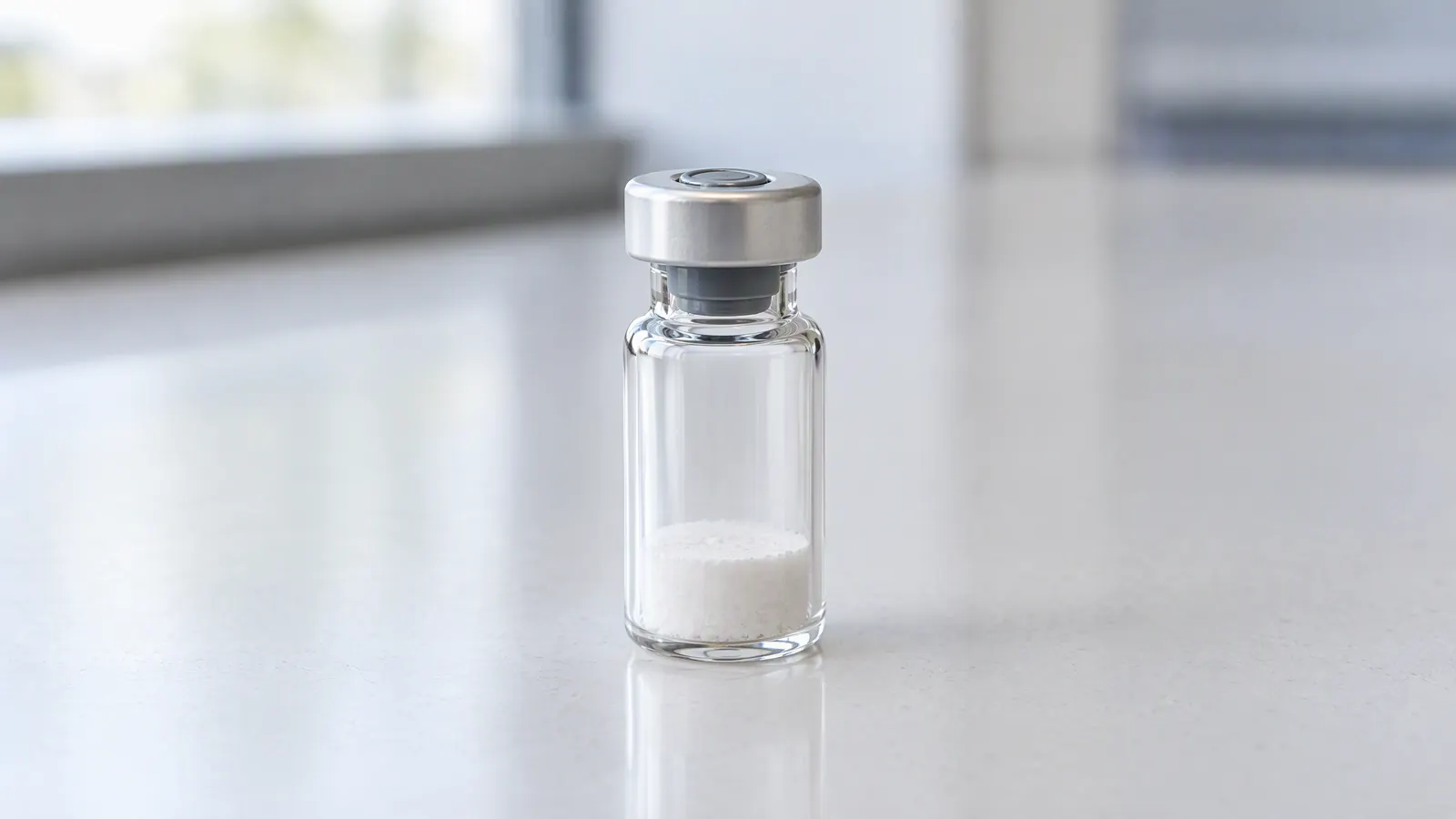 Sealed peptide vials with aluminium crimp caps and white lyophilised cakes on a white laboratory bench.