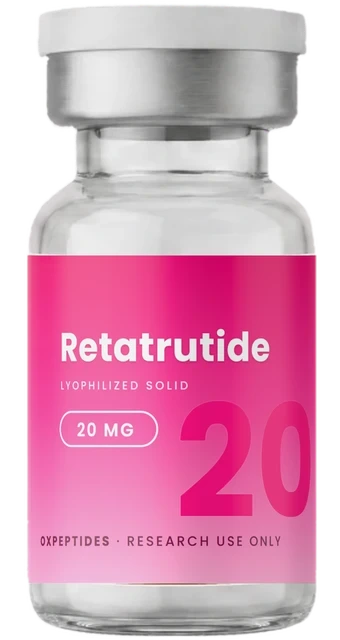 Retatrutide-Fläschchen von OXpeptides mit 10, 20 und 30 mg, nur für Forschungszwecke, auf weißem Hintergrund.